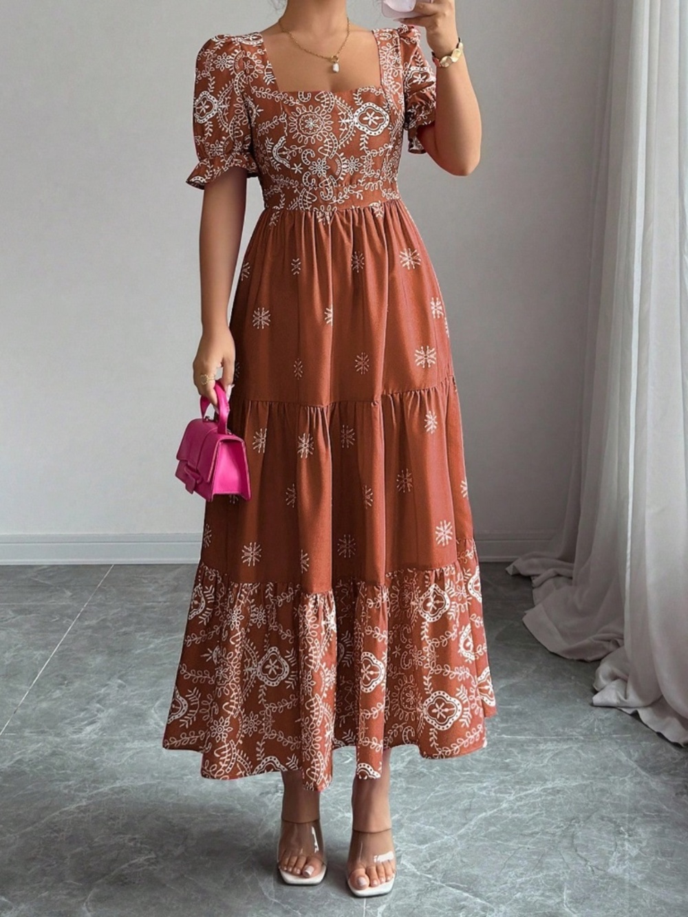 Boho All over print Sauare neck Puff Sleeve Ruffle Hem dress - Picture 5 of 8